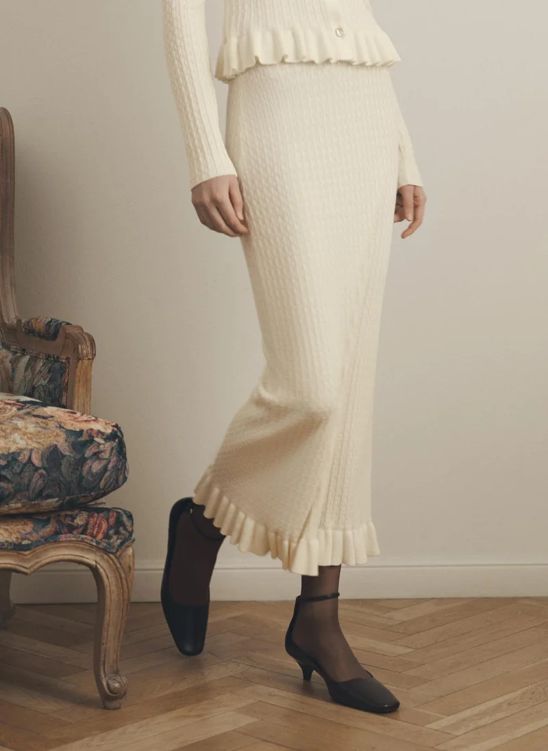 Lichi  Straight textured-knit midi skirt with ruffles for Women | Best Price UAE
